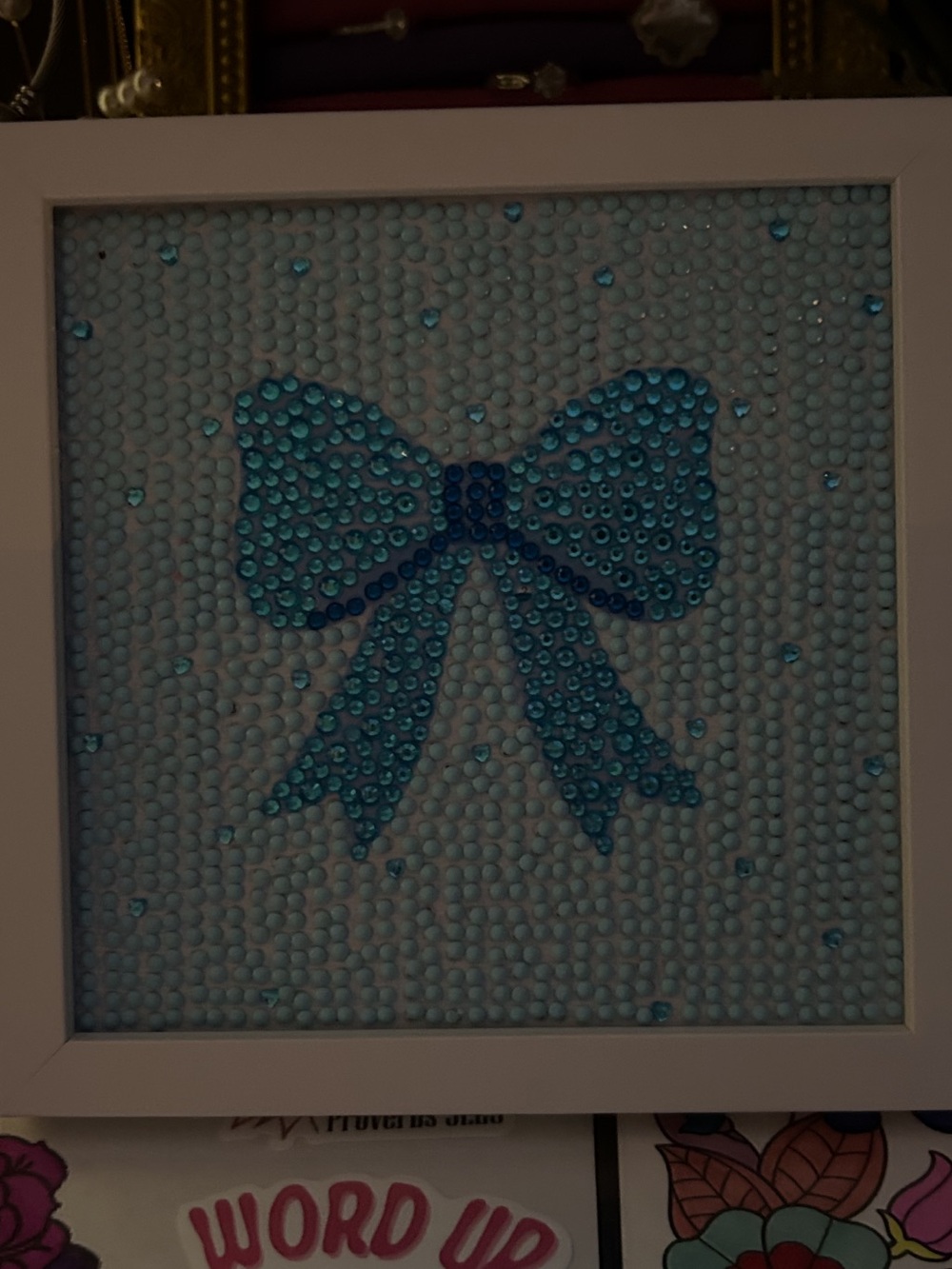 Framed Blue Rhinestone Bow Wall Art